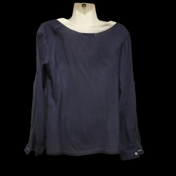 𝅺dark Blue Long Sleeve Cotton Blouse Top with White Trim Various Size S - Picture 8 of 8